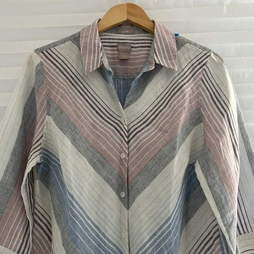 Chicos No Iron 100% Linen Chevron Stripe Button Down Shirt Tunic Blue Red Size 2